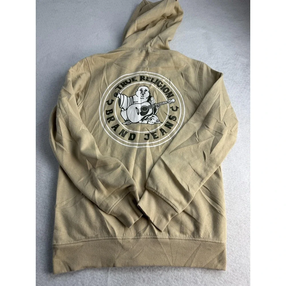 True Religion Hoodie Mens Small Beige Full Zip Fleece Buddha Graphic Sweatshirt